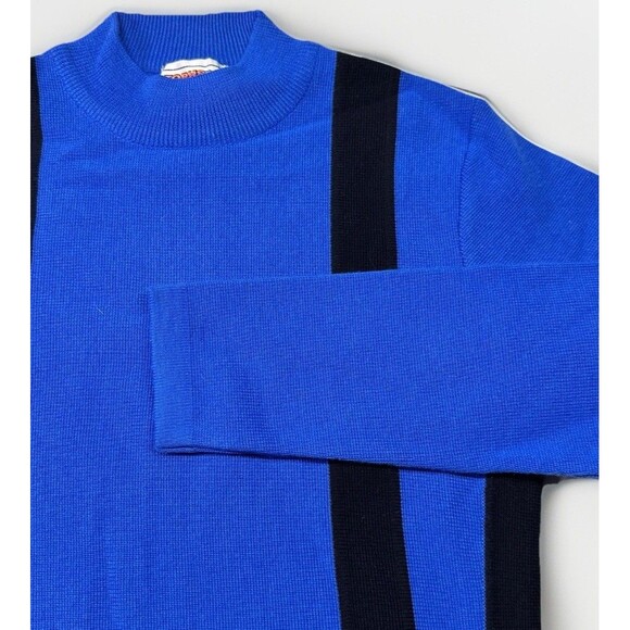 Vintage 80s Topher 100% Wool Sweater Blue Black Stripe Mod Style - Picture 3 of 6